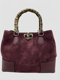 HE760 Burgundy Bamboo Handle Suede Tote Bag