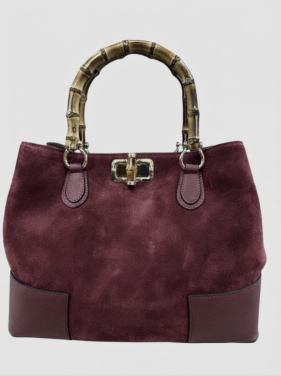 HE760 Burgundy Bamboo Handle Suede Tote Bag