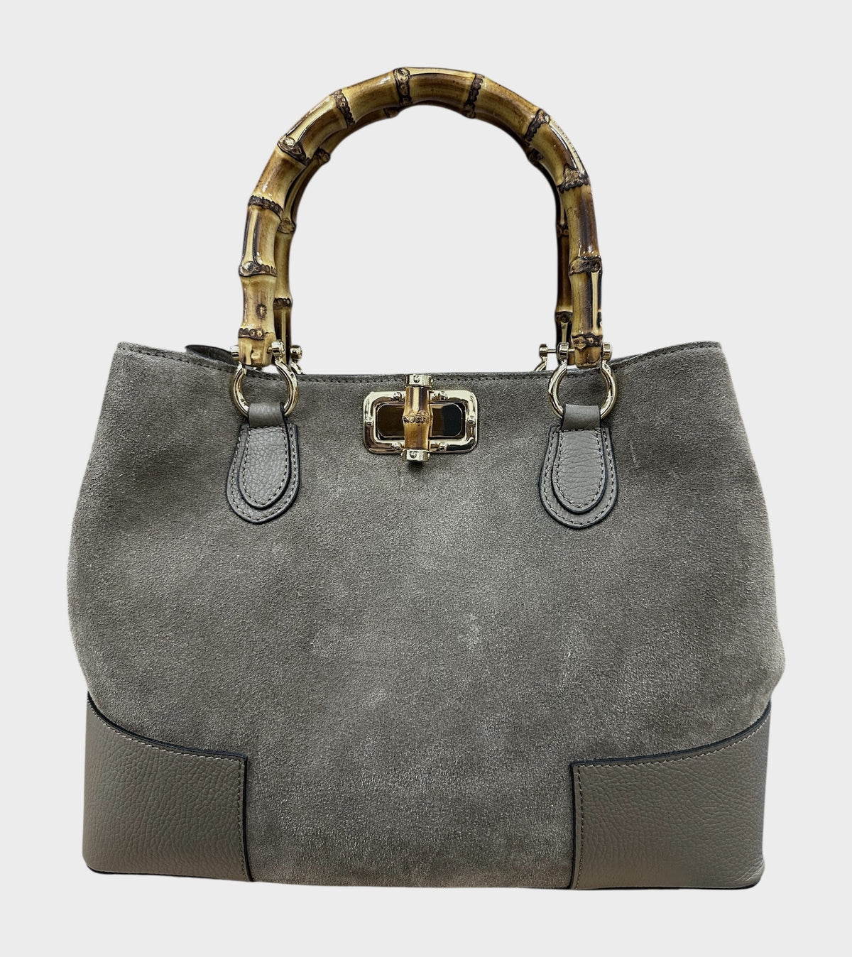 HE762 Dark Taupe Bamboo Handle Suede Tote Bag