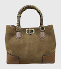 HE763 Dark Tan Bamboo Handle Suede Tote Bag