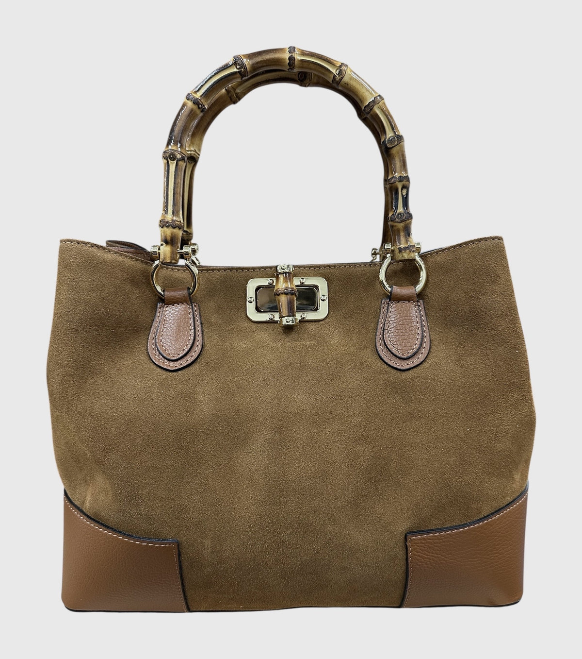 HE763 Dark Tan Bamboo Handle Suede Tote Bag