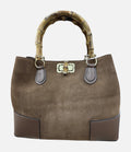 HE764 Brown Bamboo Handle Suede Tote Bag