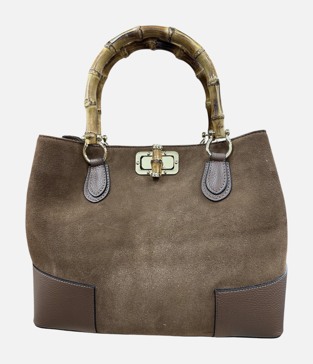 HE764 Brown Bamboo Handle Suede Tote Bag