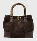 HE765 Dark Brown Bamboo Handle Suede Tote Bag