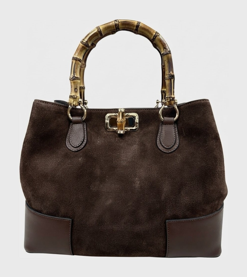 HE765 Dark Brown Bamboo Handle Suede Tote Bag