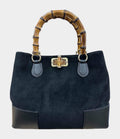 HE766 Black Bamboo Handle Suede Tote Bag