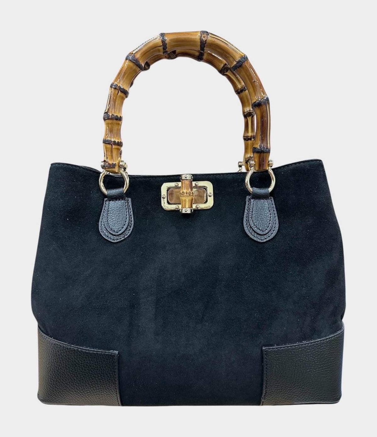 HE766 Black Bamboo Handle Suede Tote Bag