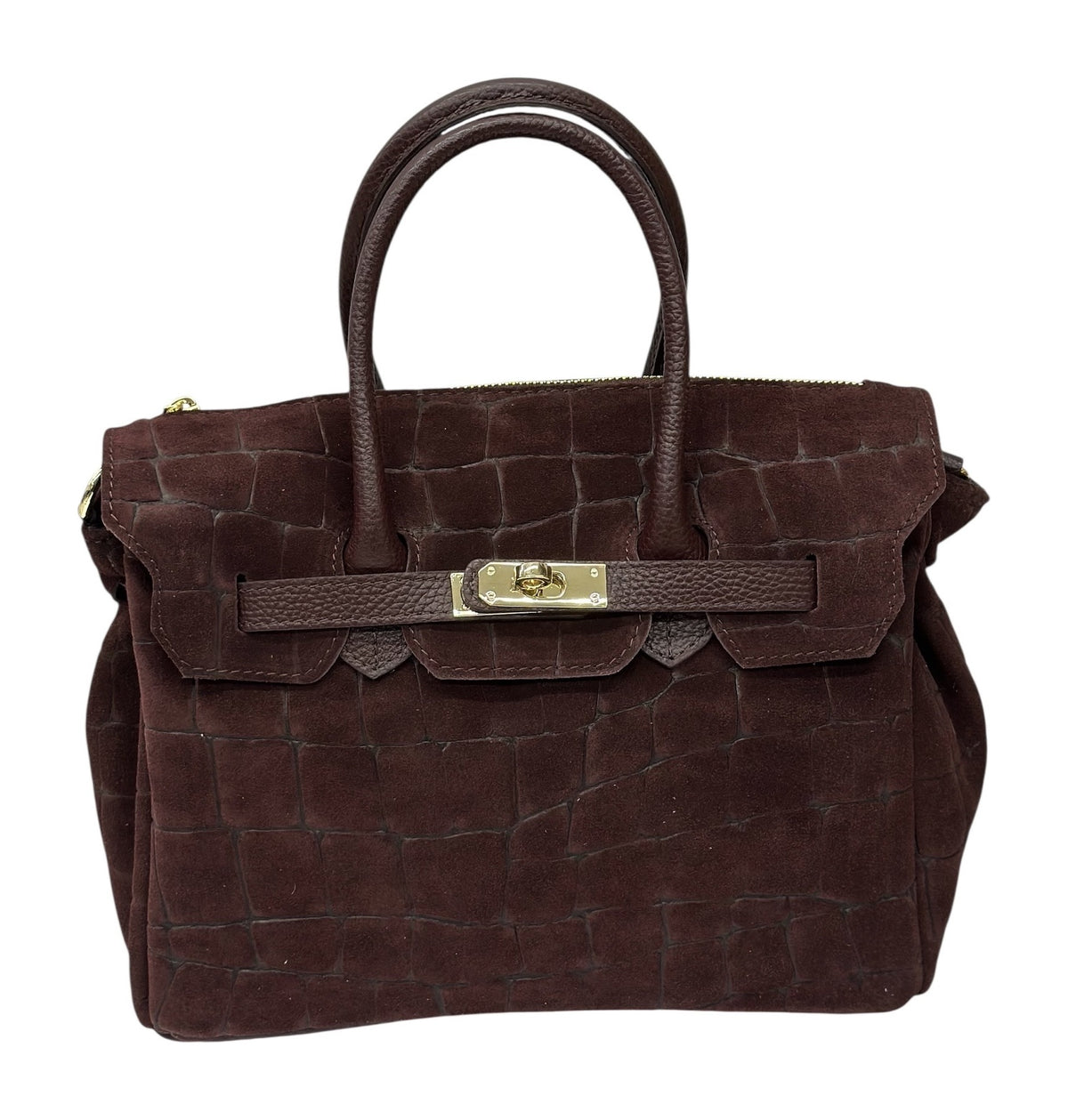 HE767 Burgundy Croc-Embossed Suede Top Handle Bag