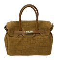 HE768 Dark Tan Croc-Embossed Suede Top Handle Bag