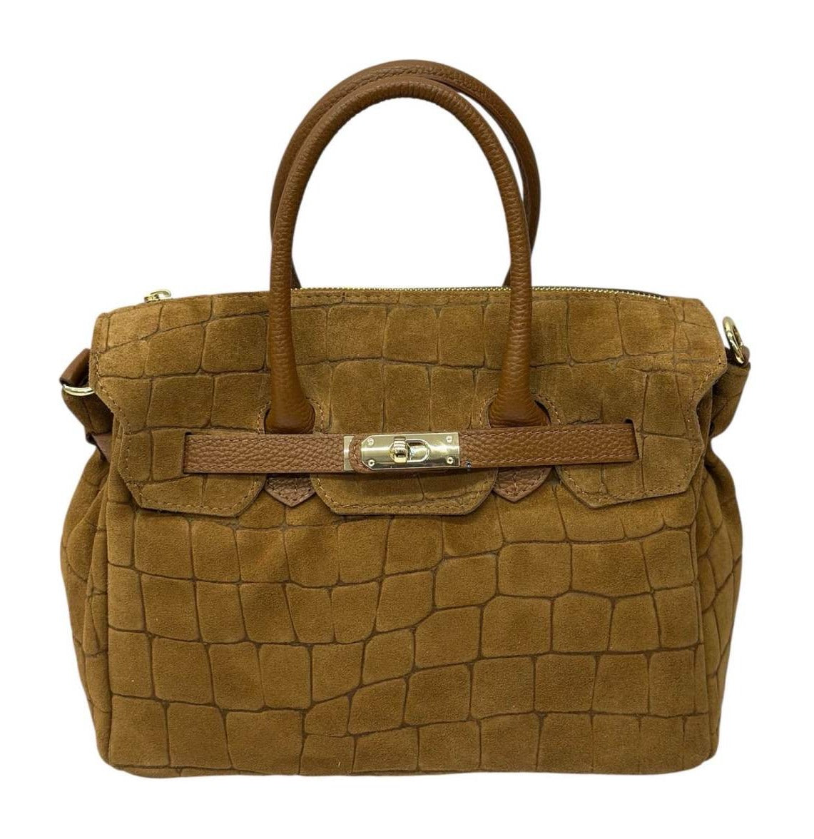 HE768 Dark Tan Croc-Embossed Suede Top Handle Bag