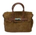 HE769 Brown Croc-Embossed Suede Top Handle Bag