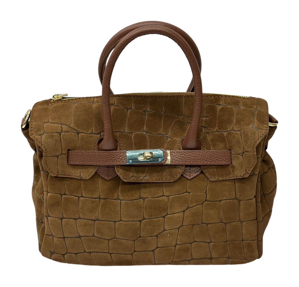 HE769 Brown Croc-Embossed Suede Top Handle Bag