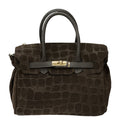 HE770 Dark Brown Croc-Embossed Suede Top Handle Bag