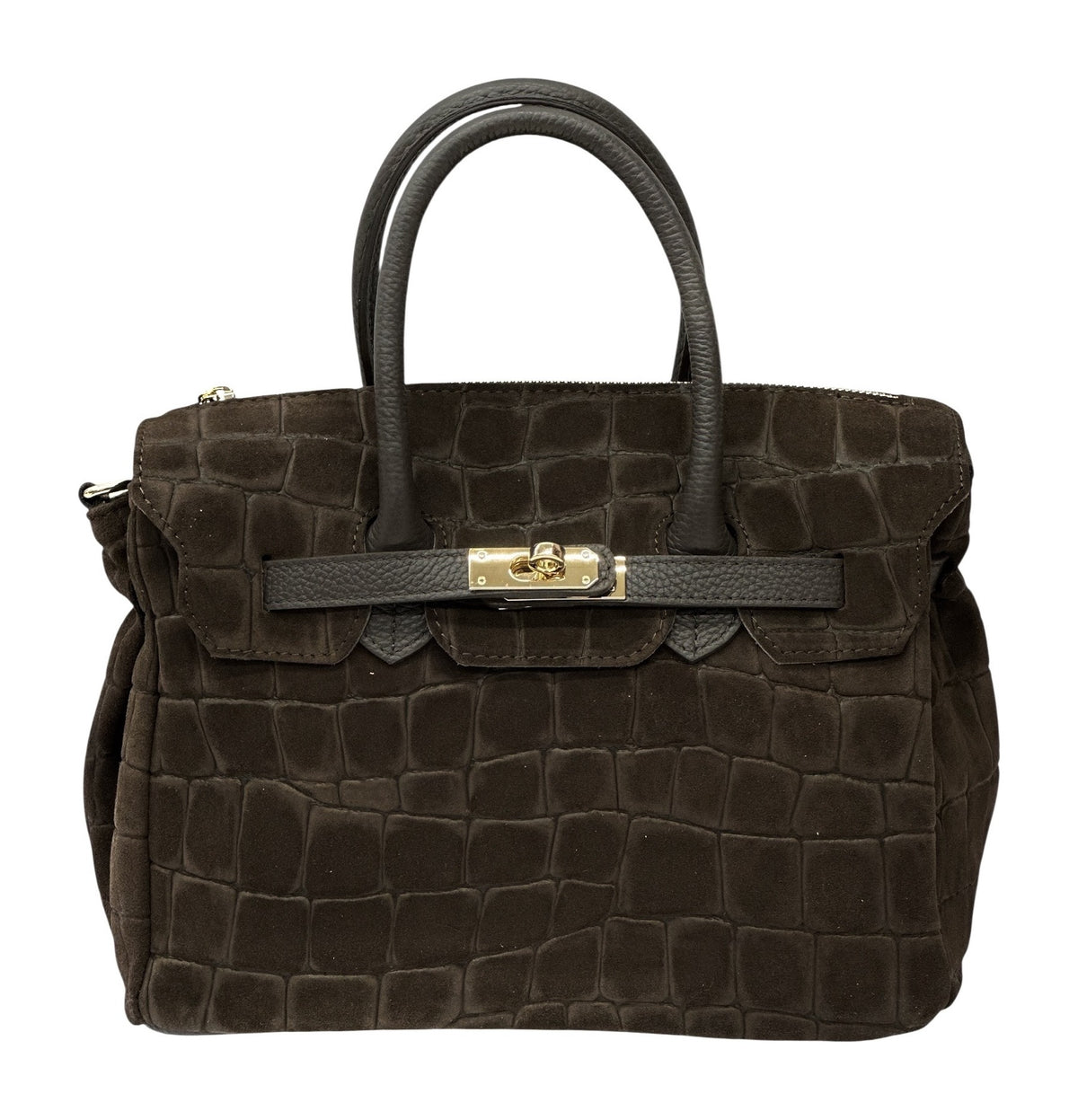 HE770 Dark Brown Croc-Embossed Suede Top Handle Bag