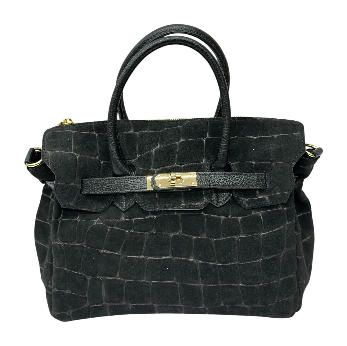HE771 Black Croc-Embossed Suede Top Handle Bag