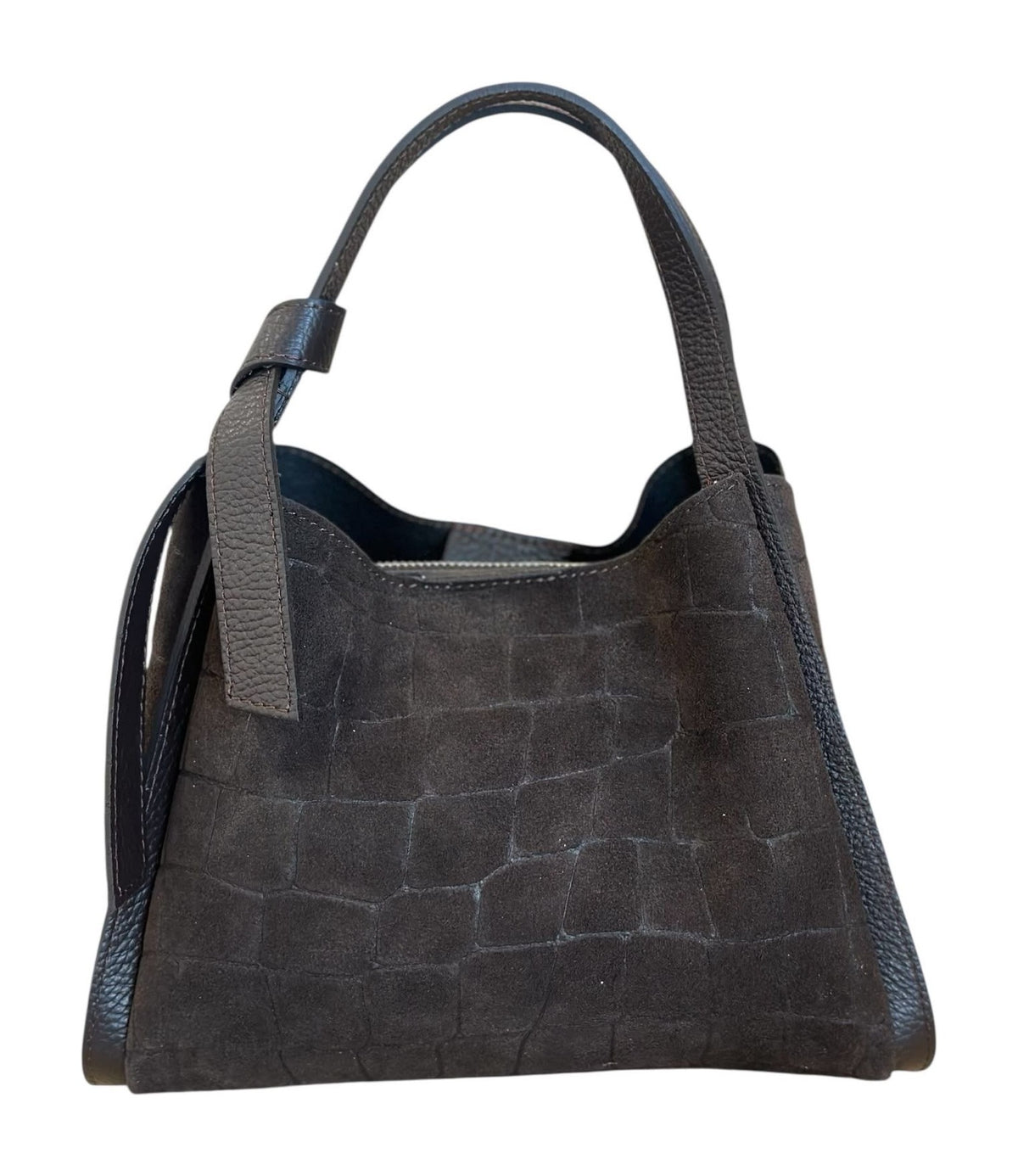 HE776 Dark Brown Croc-Embossed Suede Tote Bag