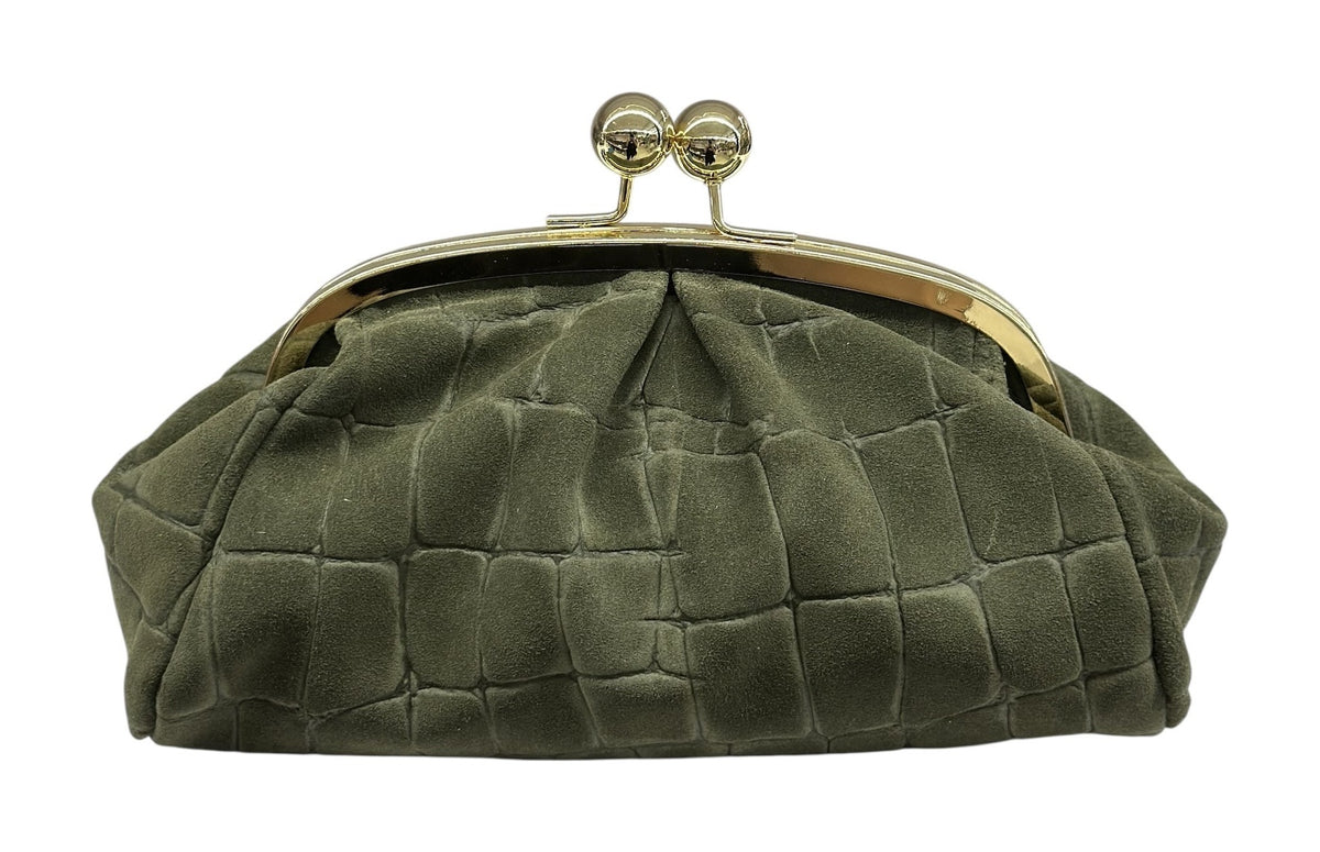 HE800 Military Green Kiss-Lock Suede Clutch
