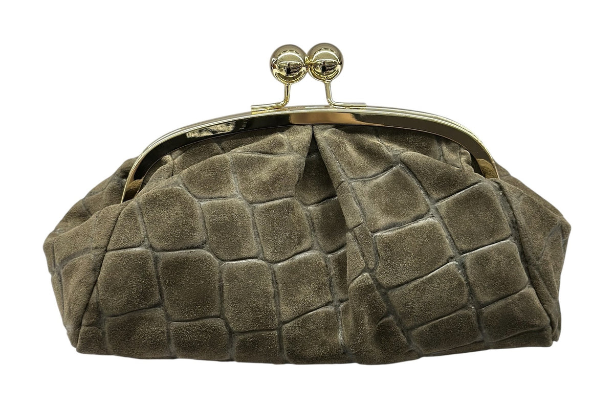 HE801 Dark Taupe Kiss-Lock Suede Clutch