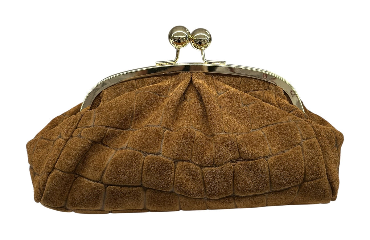 HE802 Dark Tan Kiss-Lock Suede Clutch