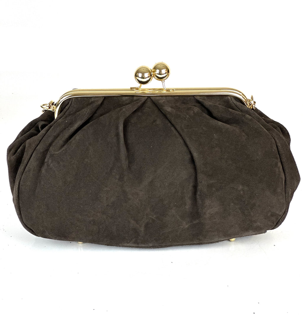HE805 Dark Brown Kiss-Lock Suede Clutch