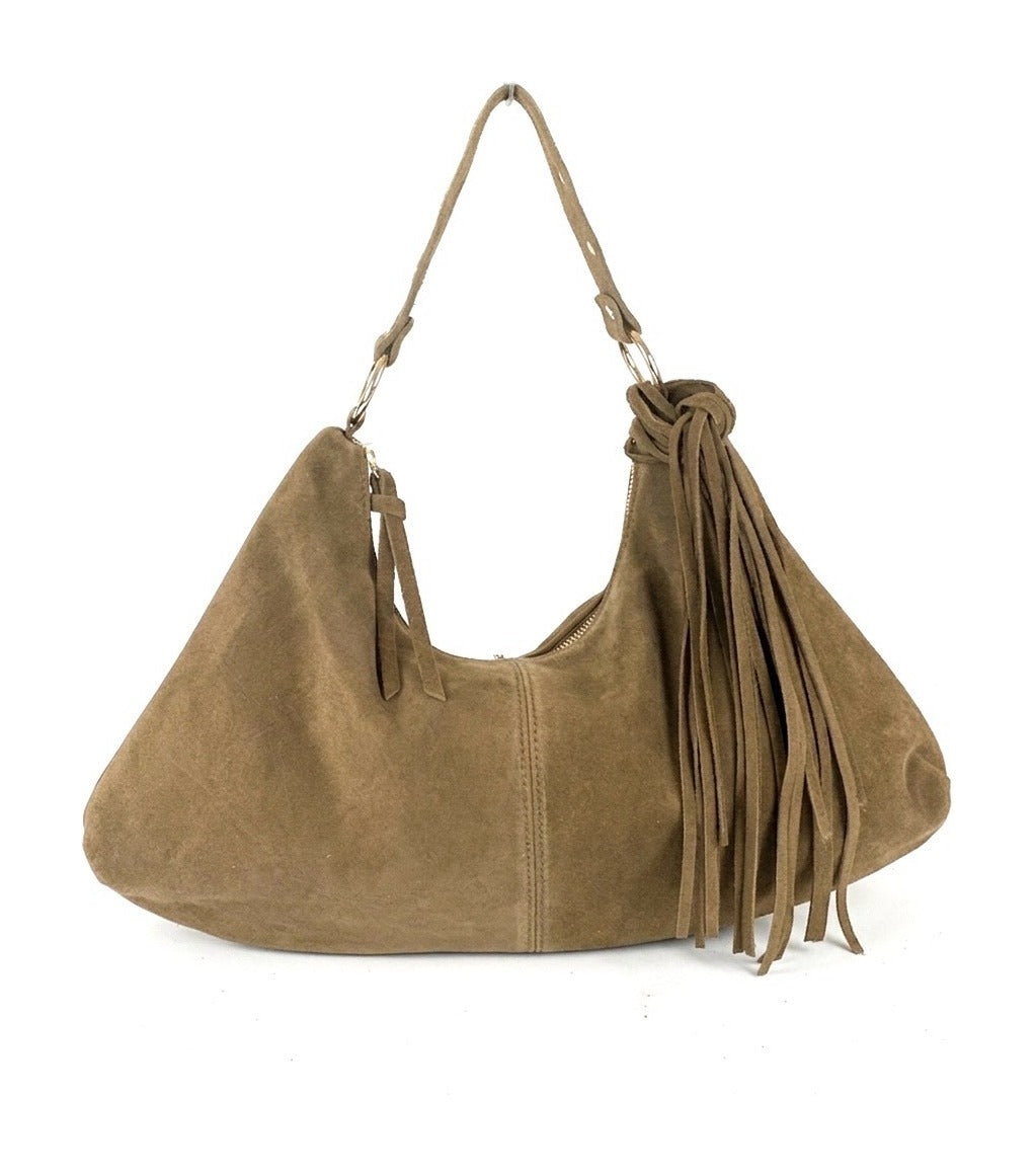 HE827 Taupe Fringe Suede Hobo Bag