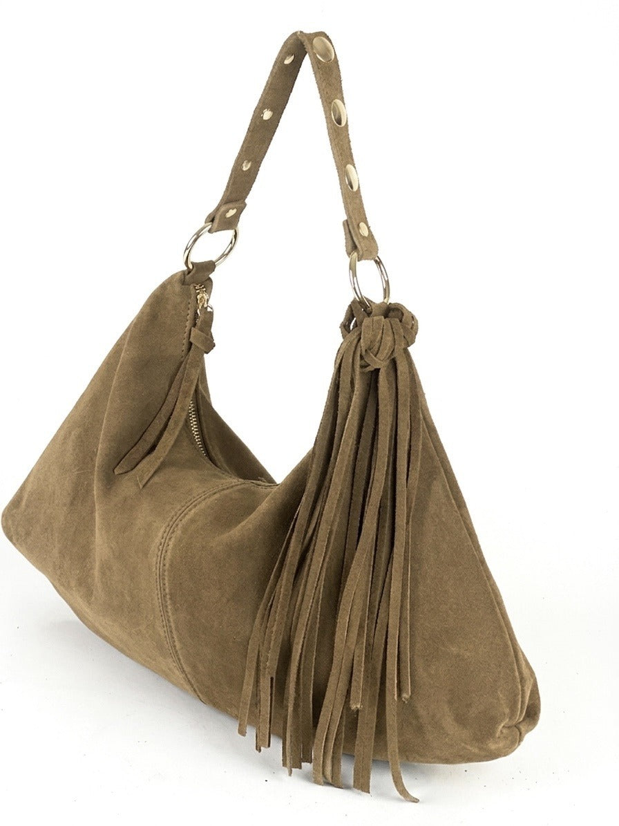 HE827 Taupe Fringe Suede Hobo Bag
