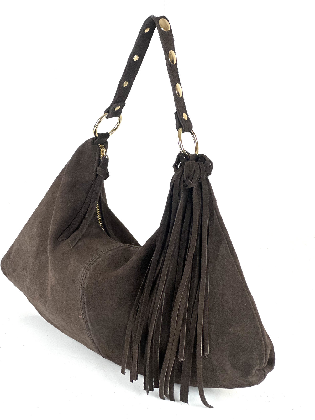 HE828 Black Fringe Suede Hobo Bag