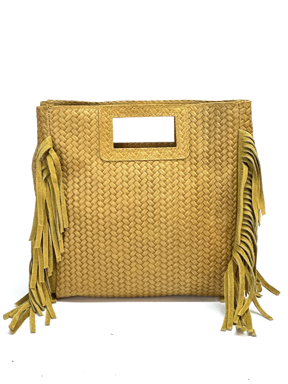 HE847 Mustard Woven Fringe Suede Top Handle Bag