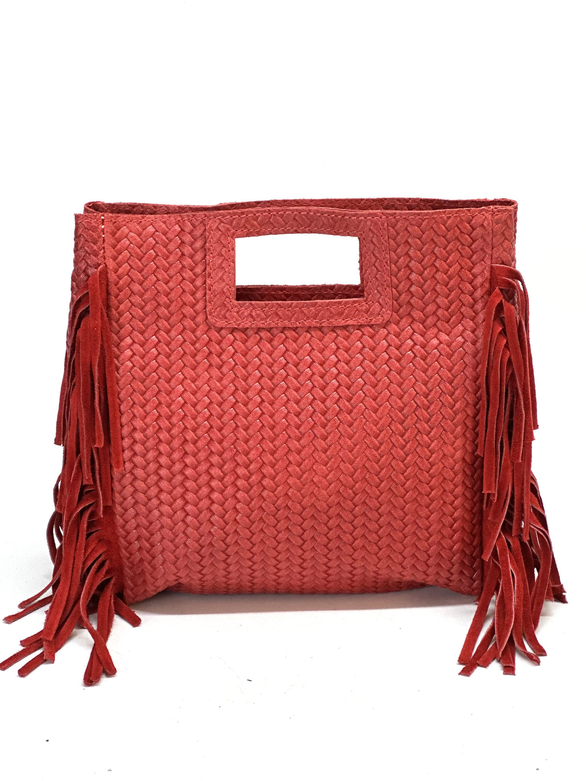 HE848 Red Woven Fringe Suede Top Handle Bag