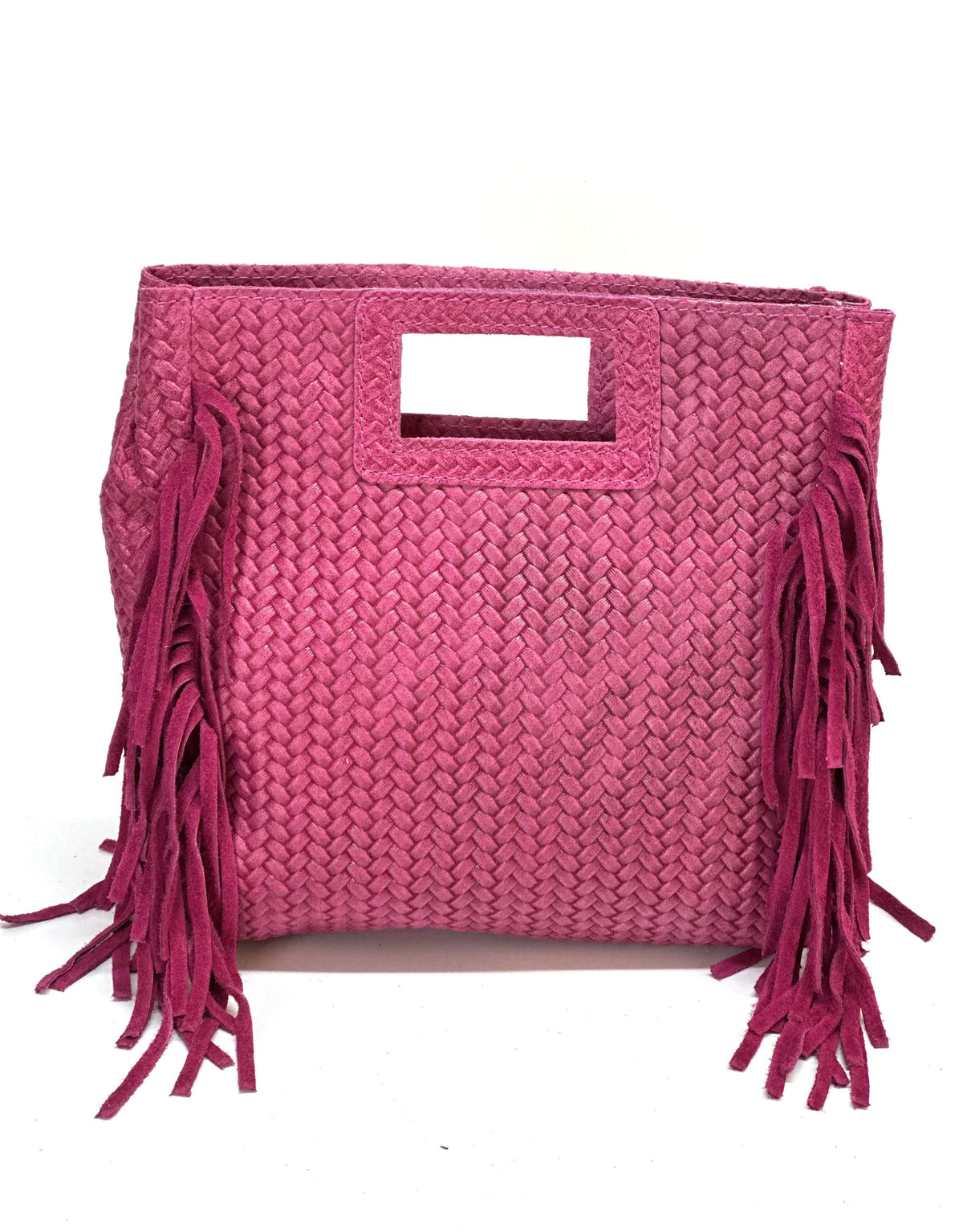 HE849 Fuchsia Woven Fringe Suede Top Handle Bag