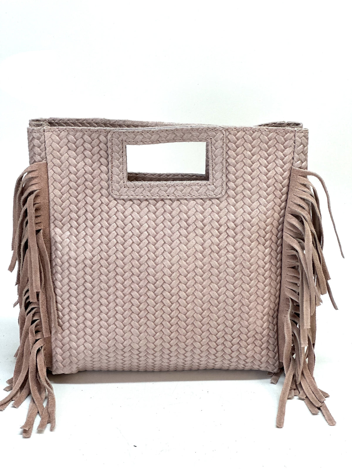 HE850 Powder Pink Woven Fringe Suede Top Handle Bag