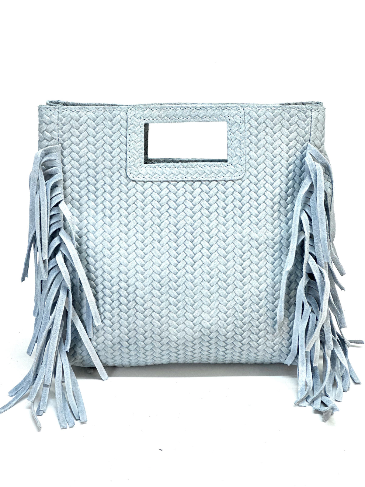 HE851 Light Blue Woven Fringe Suede Top Handle Bag