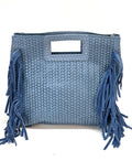 HE852 Denim Blue Woven Fringe Suede Top Handle Bag