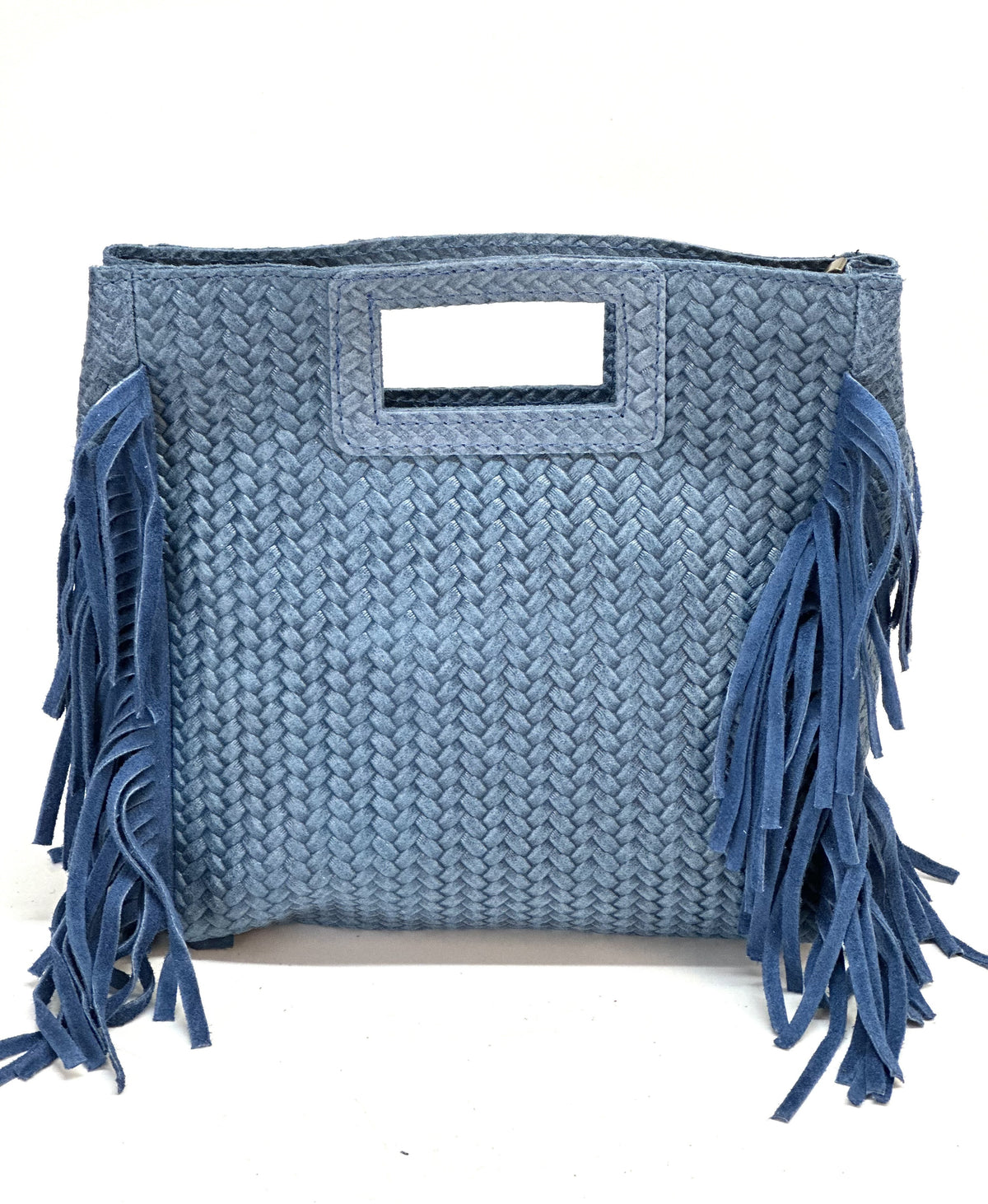 HE852 Denim Blue Woven Fringe Suede Top Handle Bag