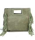 HE853 Sage Green Woven Fringe Suede Top Handle Bag