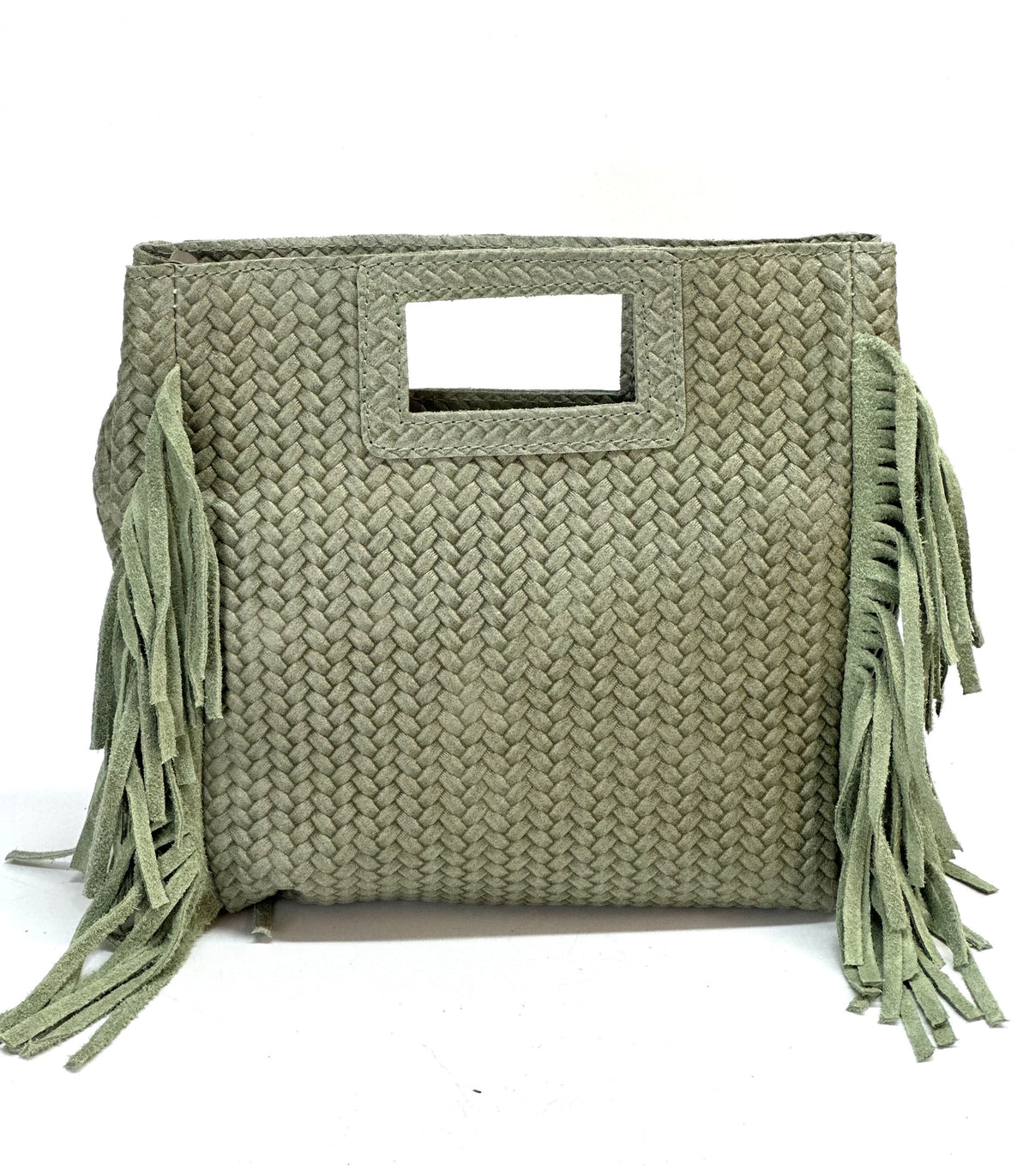 HE853 Sage Green Woven Fringe Suede Top Handle Bag