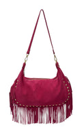 HE855 Fuchsia Studded Fringe Suede Hobo Bag
