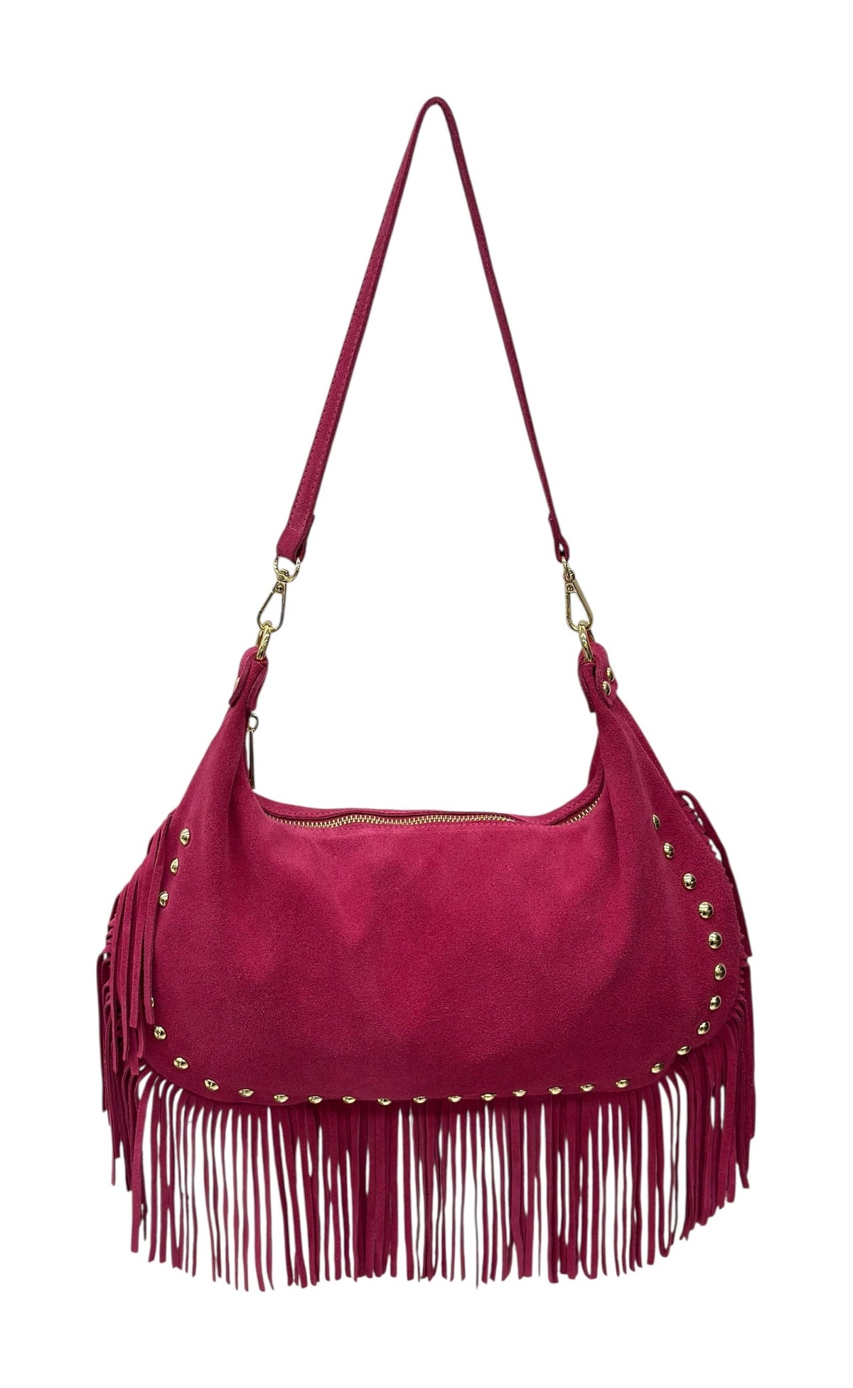 HE855 Fuchsia Studded Fringe Suede Hobo Bag