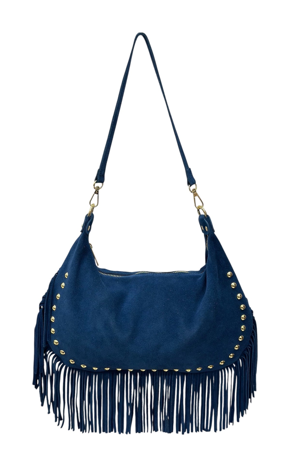 HE856 Medium Blue Studded Fringe Suede Hobo Bag