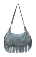 HE857 Light Blue Studded Fringe Suede Hobo Bag