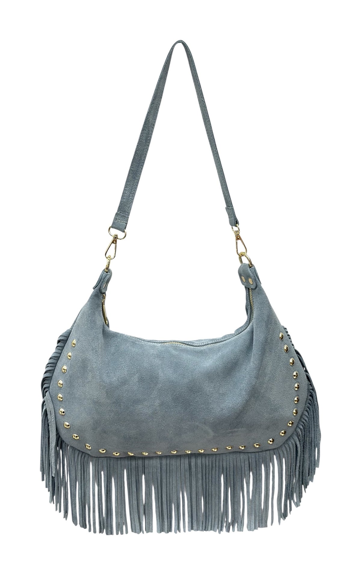 HE857 Light Blue Studded Fringe Suede Hobo Bag