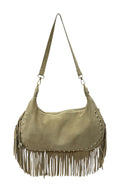 HE859 Light Taupe Studded Fringe Suede Hobo Bag