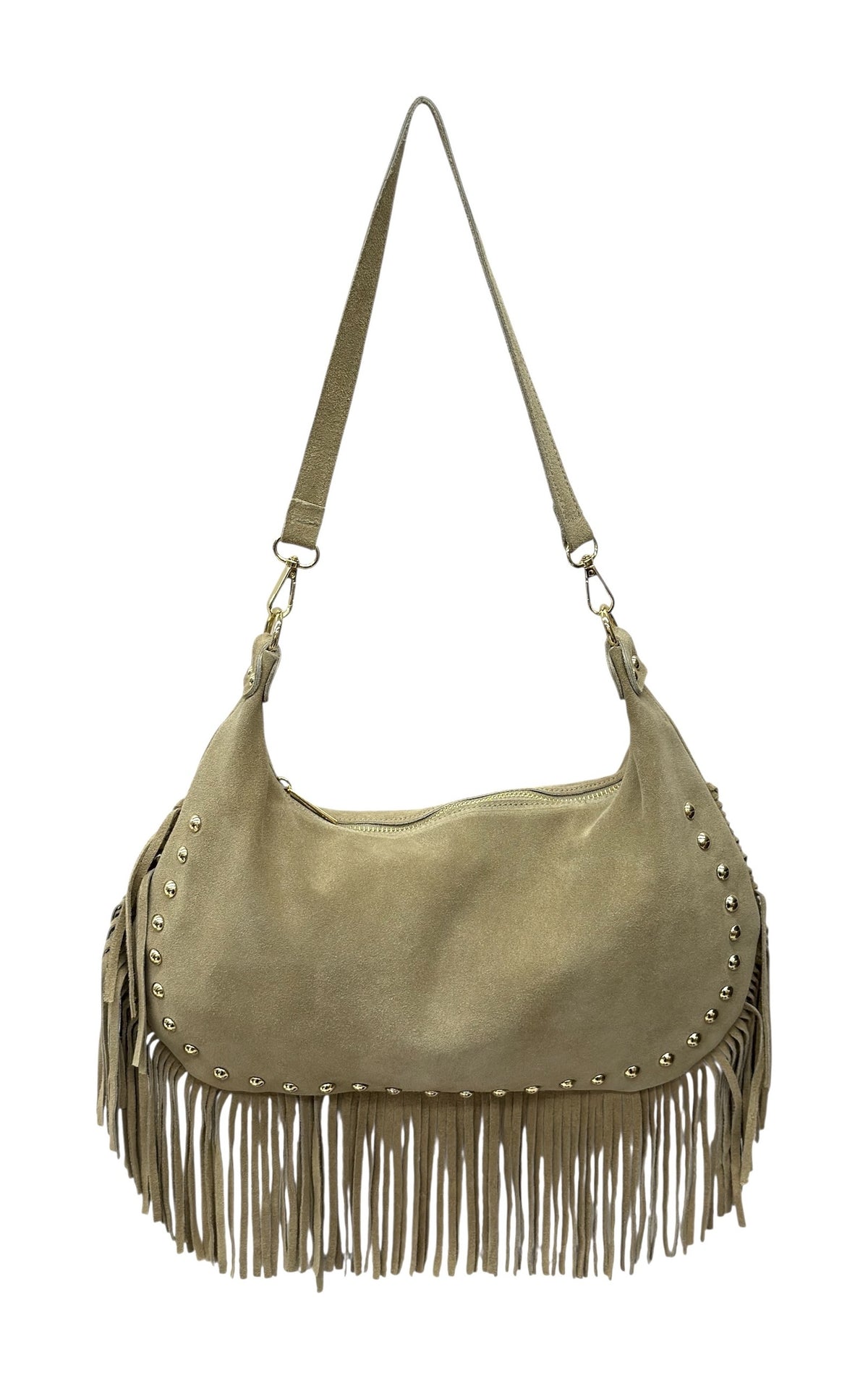 HE859 Light Taupe Studded Fringe Suede Hobo Bag