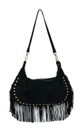 HE860 Black Studded Fringe Suede Hobo Bag