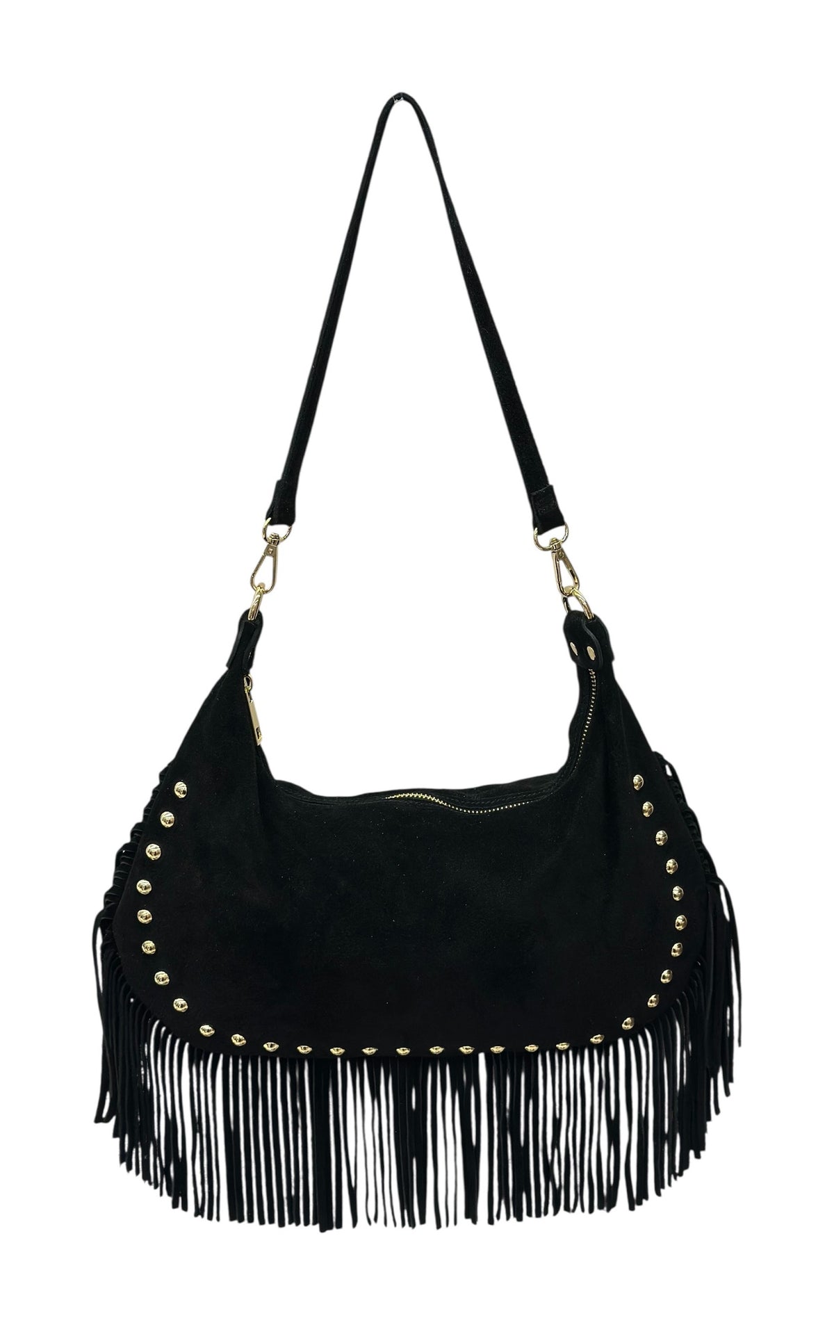 HE860 Black Studded Fringe Suede Hobo Bag
