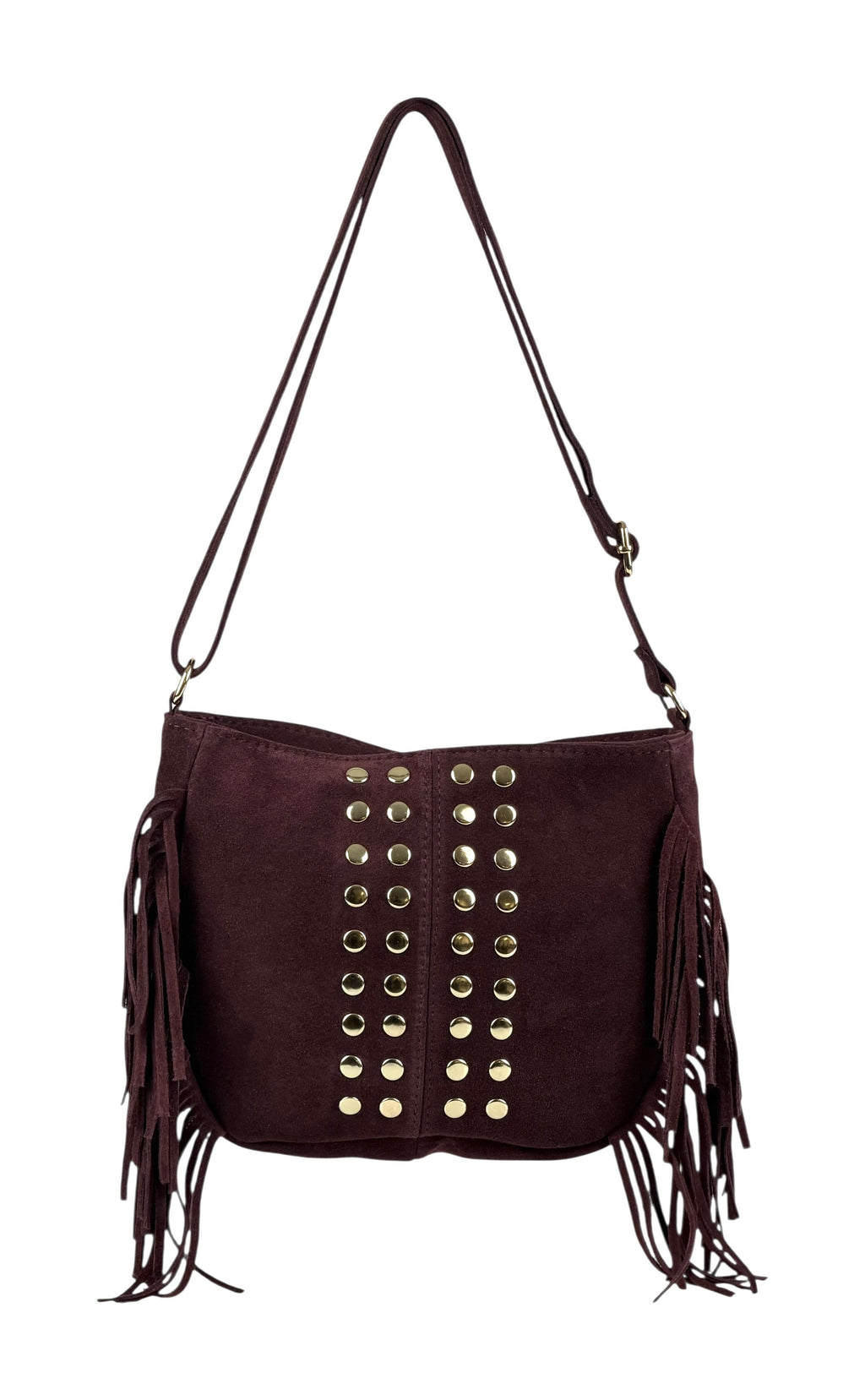 HE873 Burgundy Studded Fringe Suede Crossbody Bag