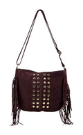 HE873 Burgundy Studded Fringe Suede Crossbody Bag