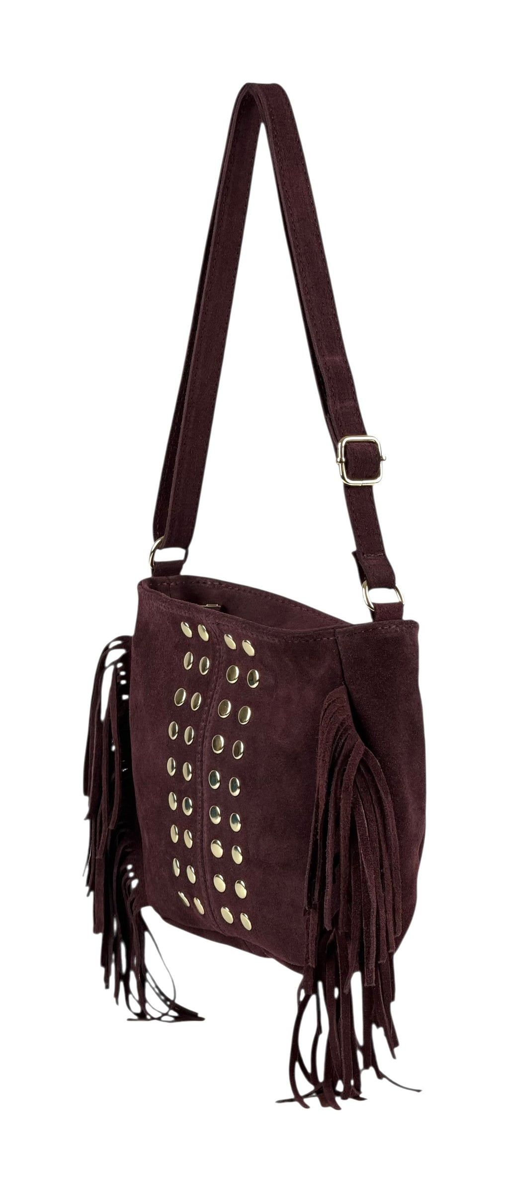 HE873 Burgundy Studded Fringe Suede Crossbody Bag