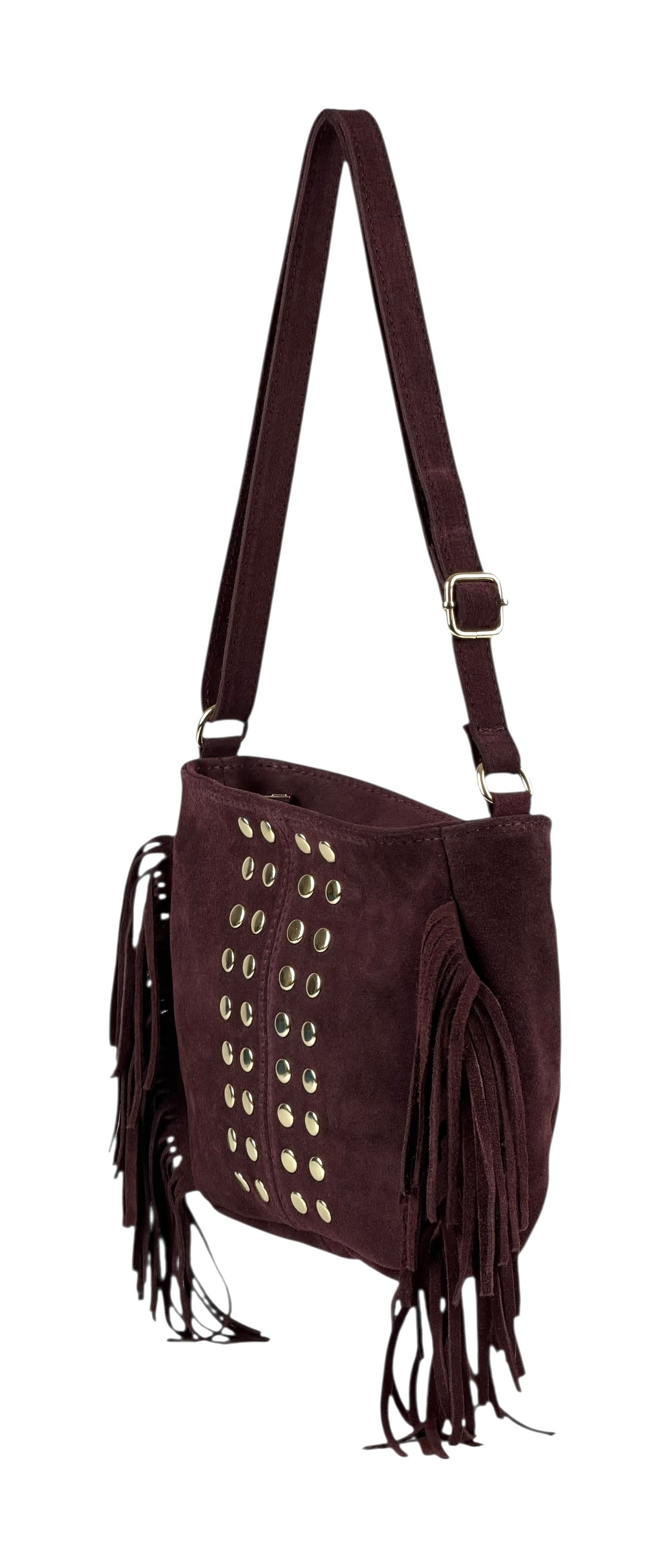 HE873 Burgundy Studded Fringe Suede Crossbody Bag