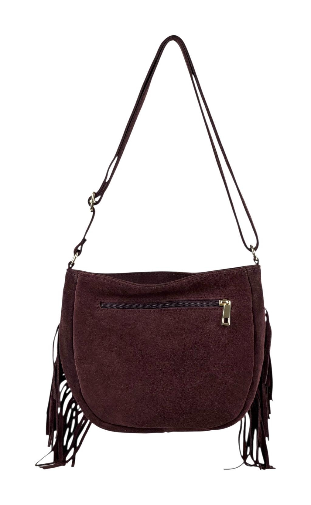 HE873 Burgundy Studded Fringe Suede Crossbody Bag